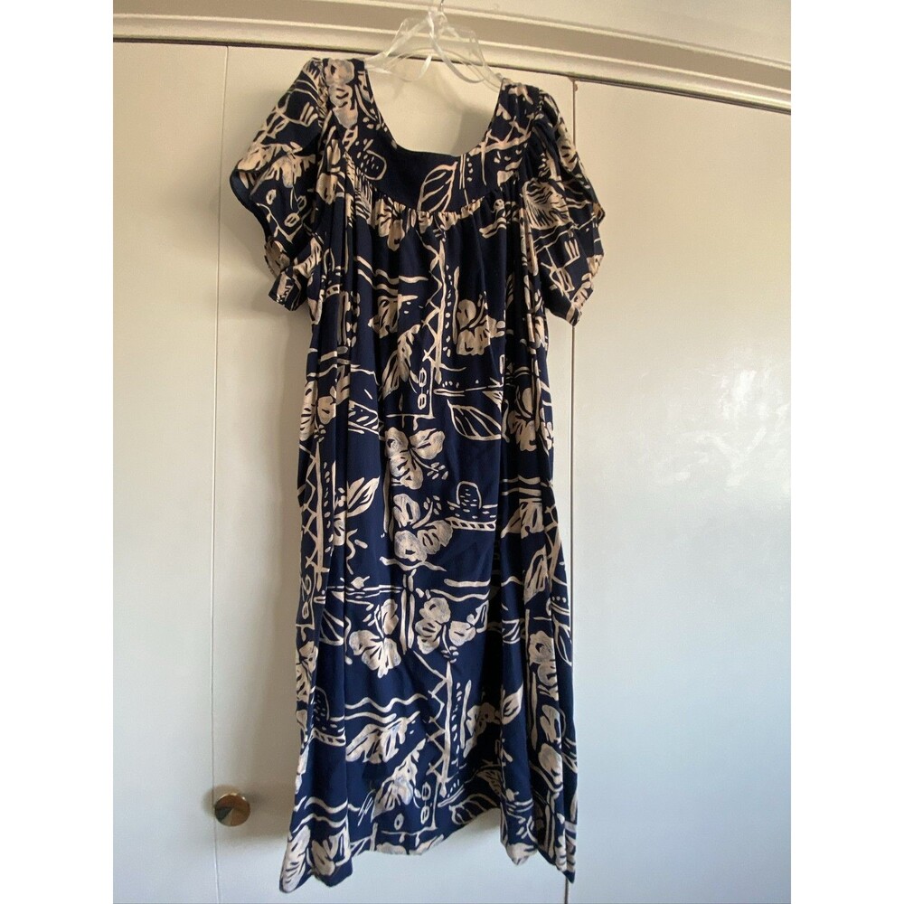 Women's Blue Floral Midi Dress Puff Sleeve Scoop Neck Casual Bohemian Regular